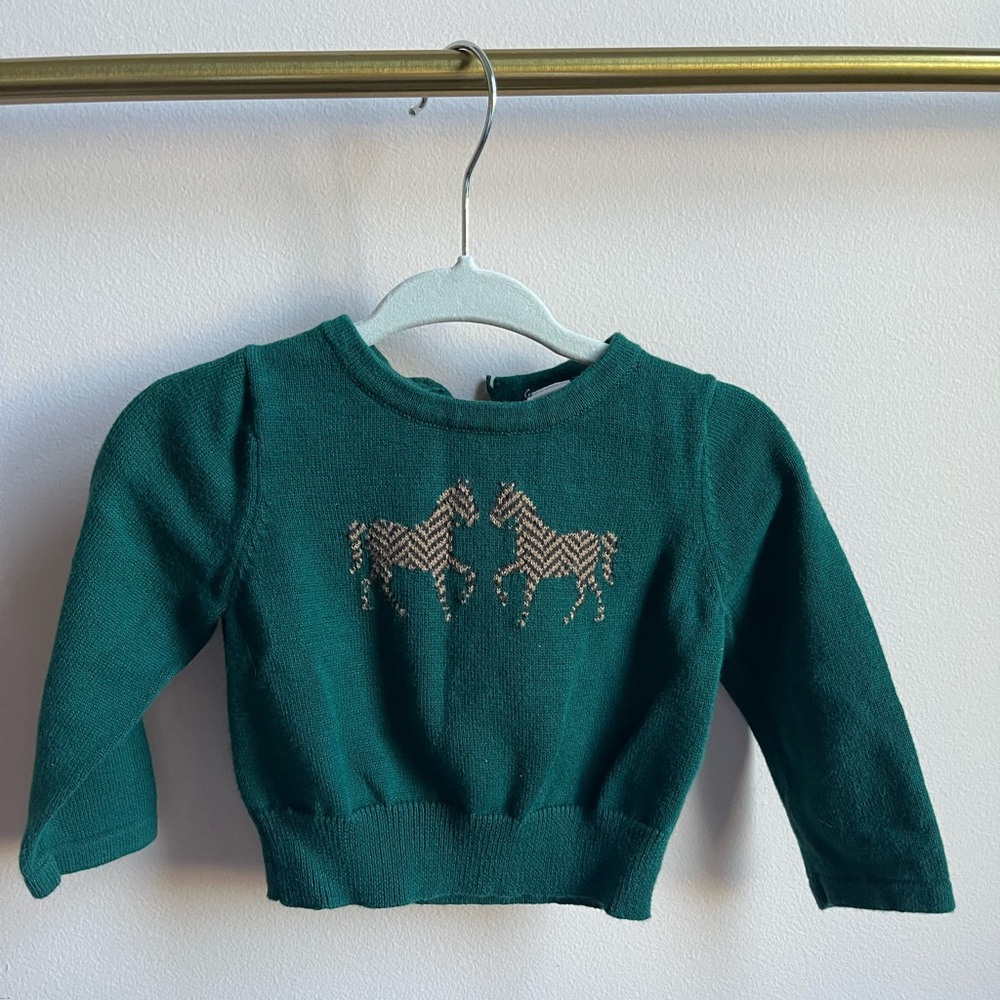 Janie and Jack Dark Green & Brown Horse Sweater | Size 6-12 Months - Picture 1 of 3